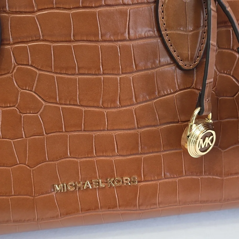 New Michael Kors Zoe Croc Embossed Leather Satchel Handbag Crosdbody Brown